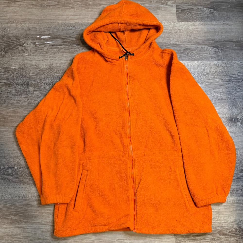 Lands End Vintage Blaze Orange Full Zip Fleece Hoodie Jacket Mens XL